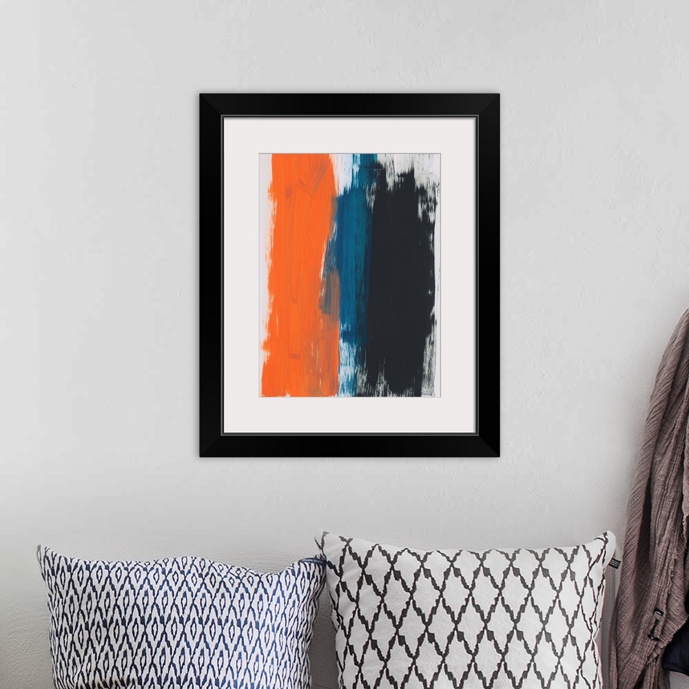 A bohemian room featuring Abstract painting of bold vertical brush strokes in orange, blue and black on a light gray backgr...