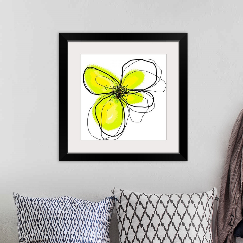 A bohemian room featuring Wall art that is square in shape, this is contemporary painting of a flower illustrated by layeri...