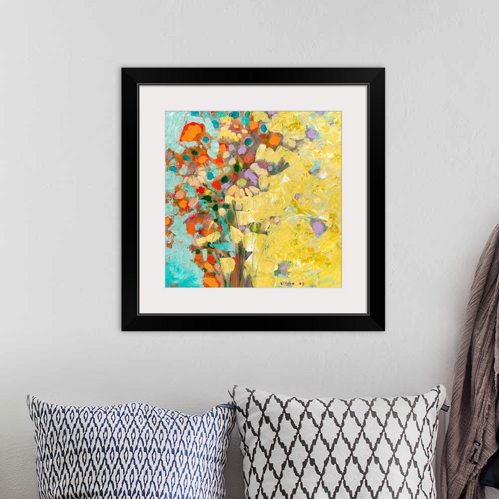 A bohemian room featuring Square painting of an abstract bouquet of flowers.