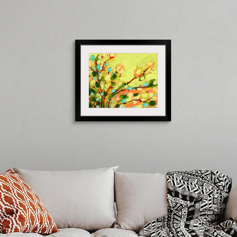 A bohemian room featuring A contemporary abstract still life of flowers and leaves. This horizontal painting was created wi...