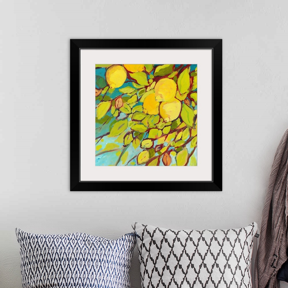 A bohemian room featuring Contemporary painting of lemon tree with an up close view of the leaves and lemons.