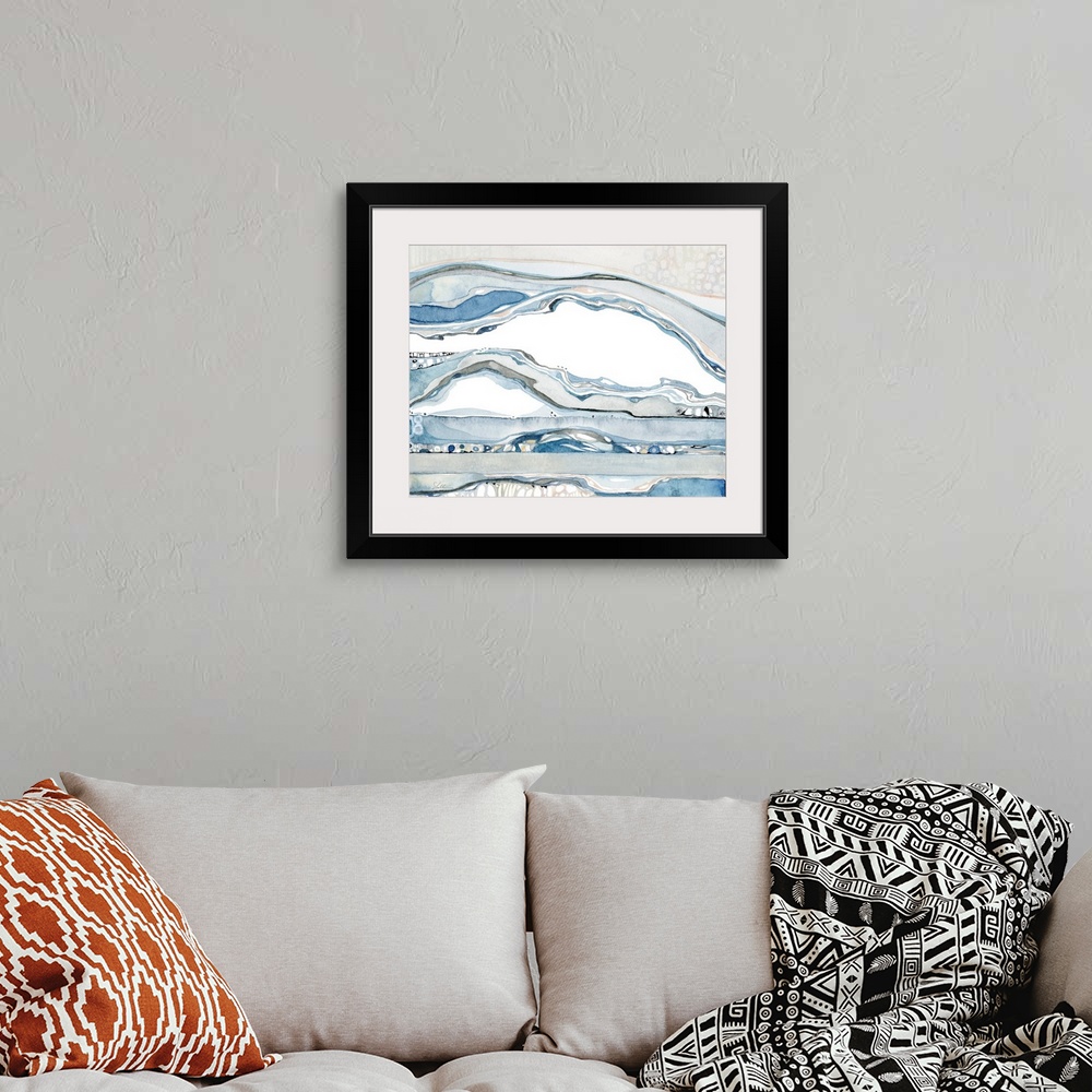 A bohemian room featuring Abstract organic watercolor painting of the tide line layers along the coastline