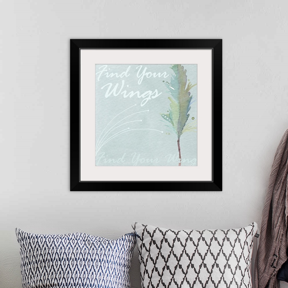 A bohemian room featuring Decorative watercolor painting of a feather in green tones with the words "Find your wings."