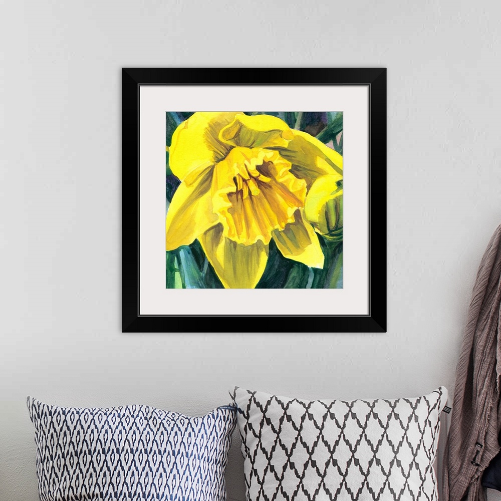 A bohemian room featuring Square watercolor painting of a yellow Daffodil.