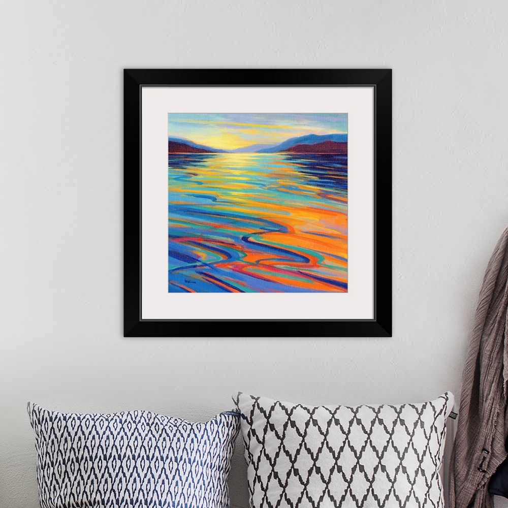 A bohemian room featuring A square contemporary painting in colorful brush strokes of waves in the water by sunset.
