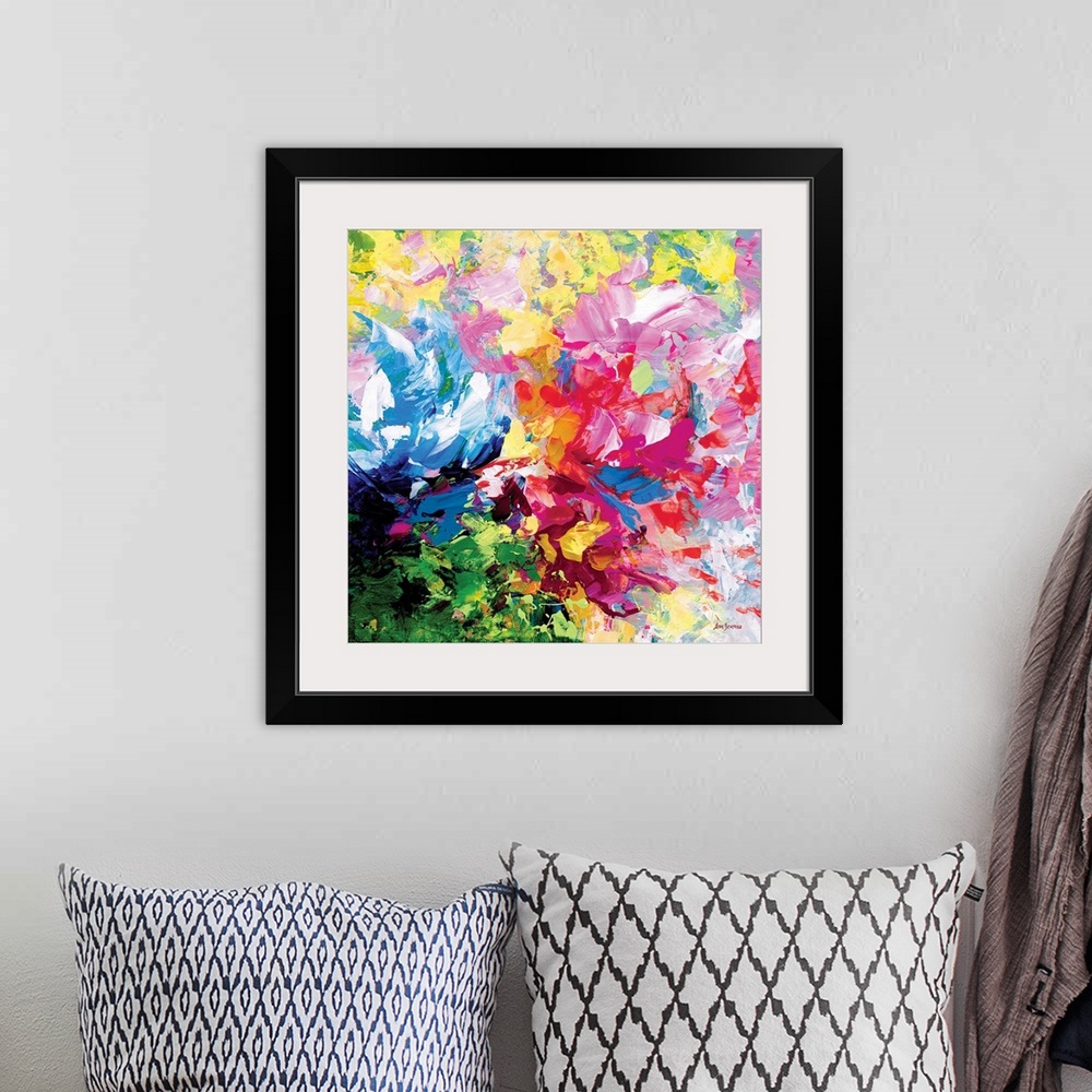 A bohemian room featuring Vibrant colorful abstract painting.
