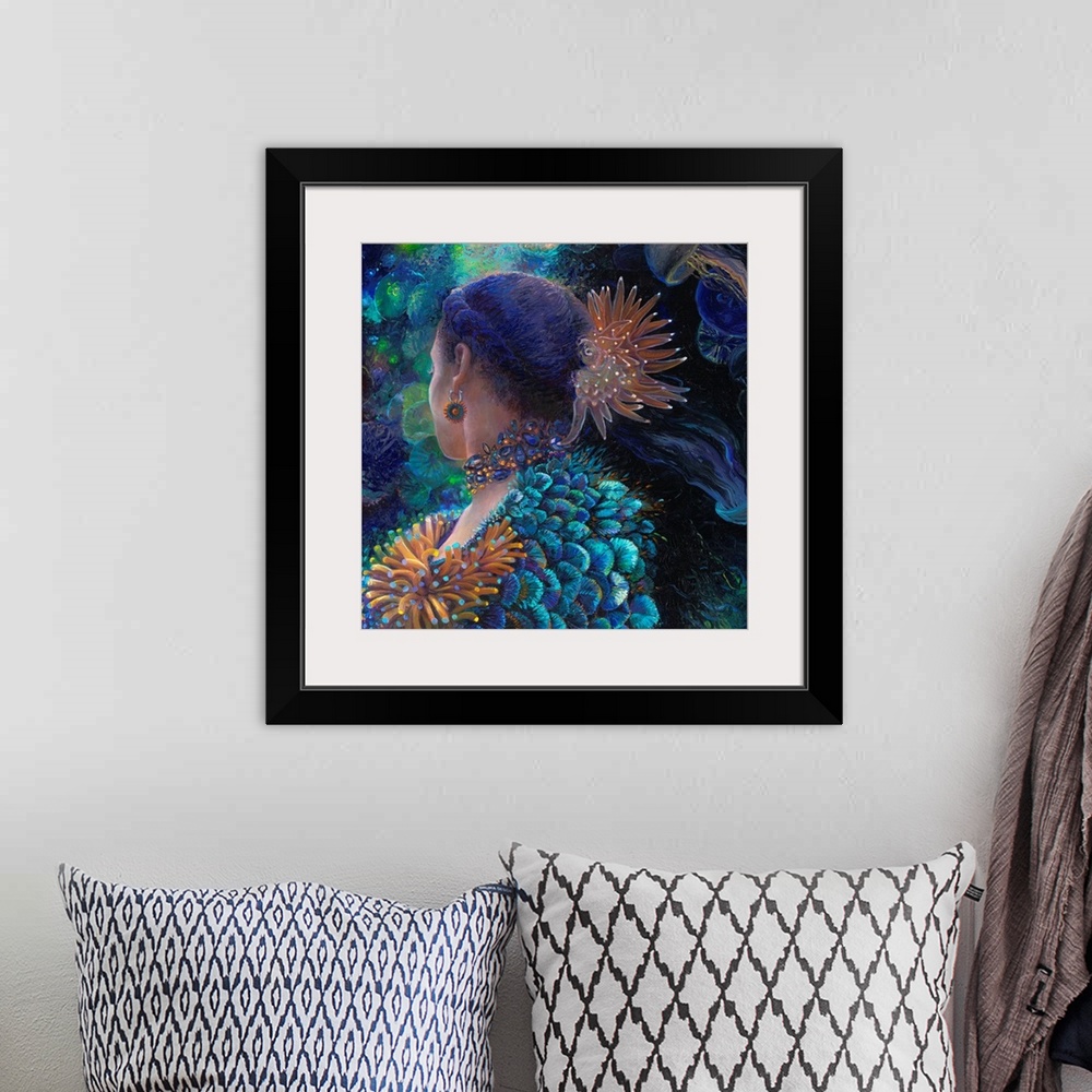 A bohemian room featuring Brightly colored contemporary artwork of a woman wearing anemones.