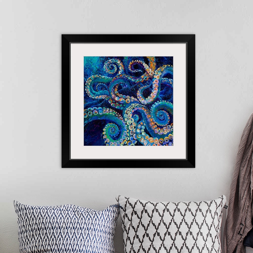 A bohemian room featuring Brightly colored contemporary artwork of a blue octopus.
