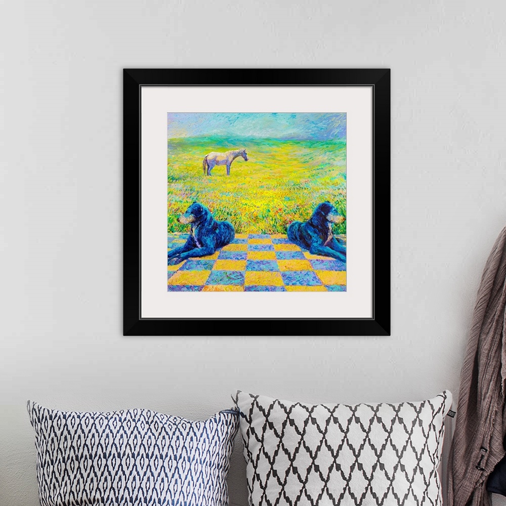A bohemian room featuring Brightly colored contemporary artwork of two dogs laying in a field with a horse.