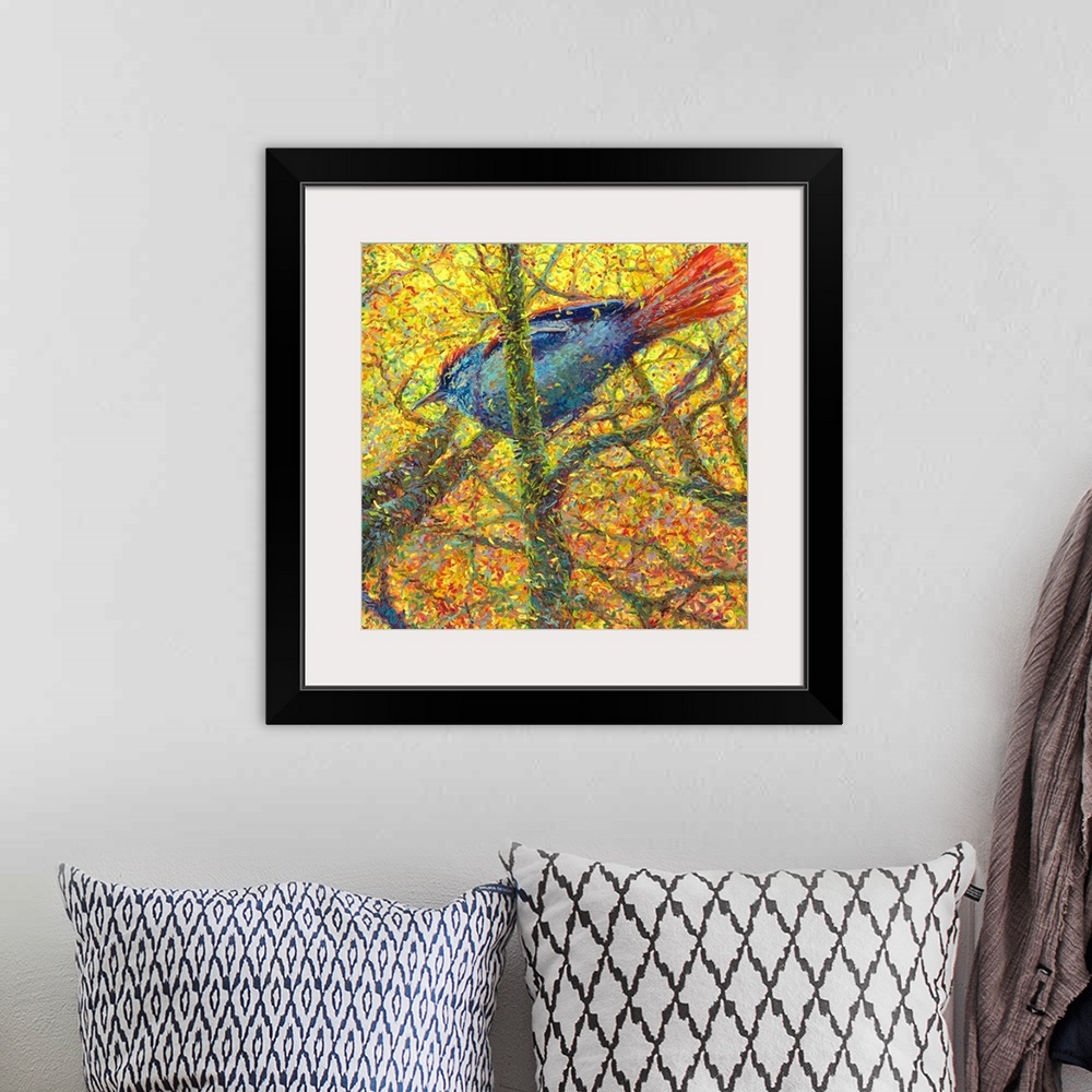 A bohemian room featuring Brightly colored contemporary artwork of a bluebird in a tree full of yellow leaves.