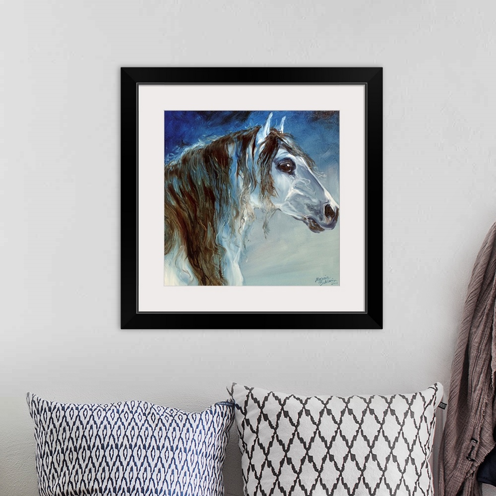 A bohemian room featuring Square painting of a horse created in cool tones.