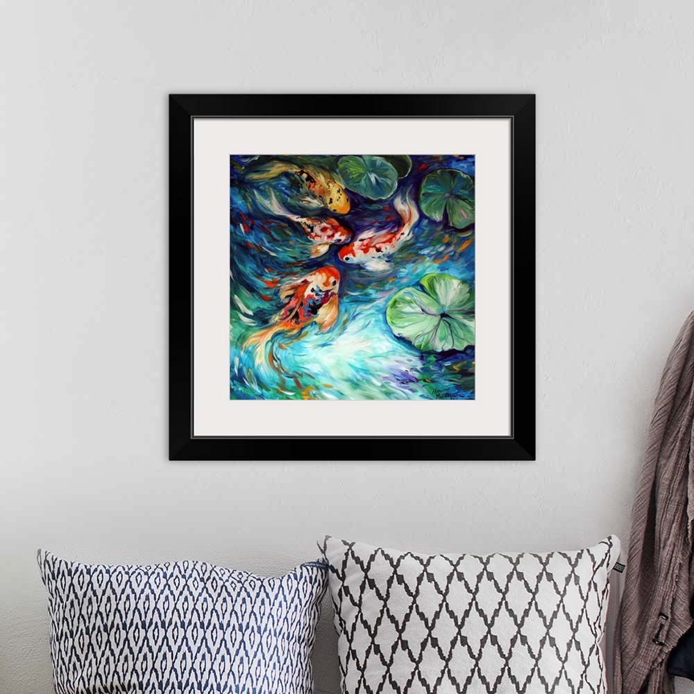 A bohemian room featuring Square painting of four koi fish in a pond with lily pads and curved brushstrokes.