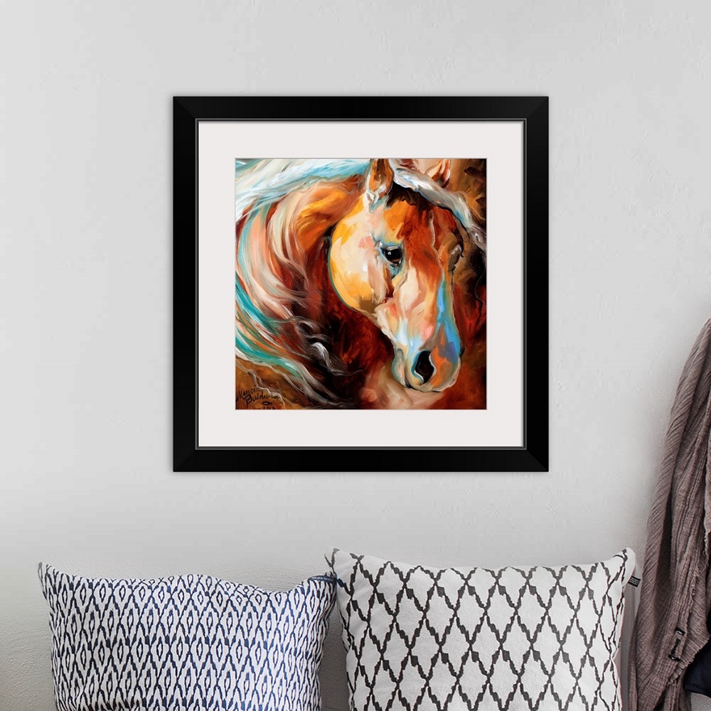 A bohemian room featuring Square painting of a brown toned horse with blue highlights.