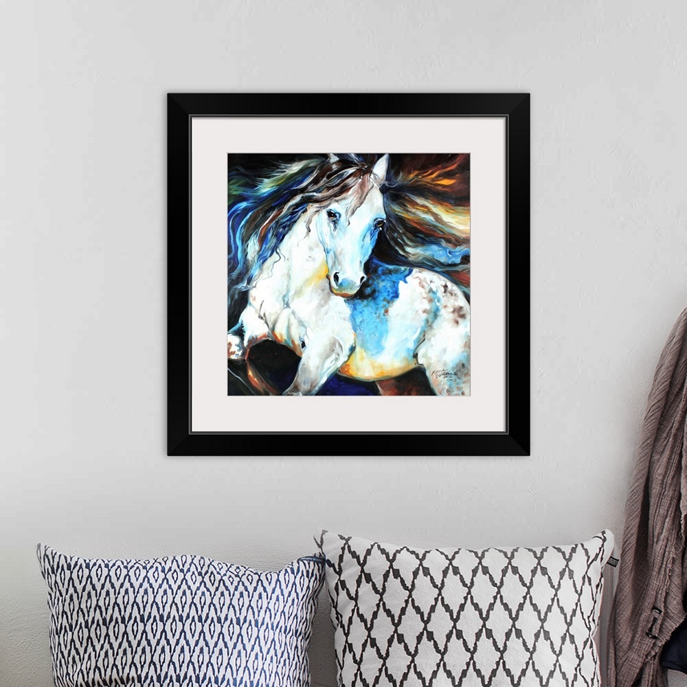 A bohemian room featuring Square painting of an Appaloosa horse in action with a colorful mane.