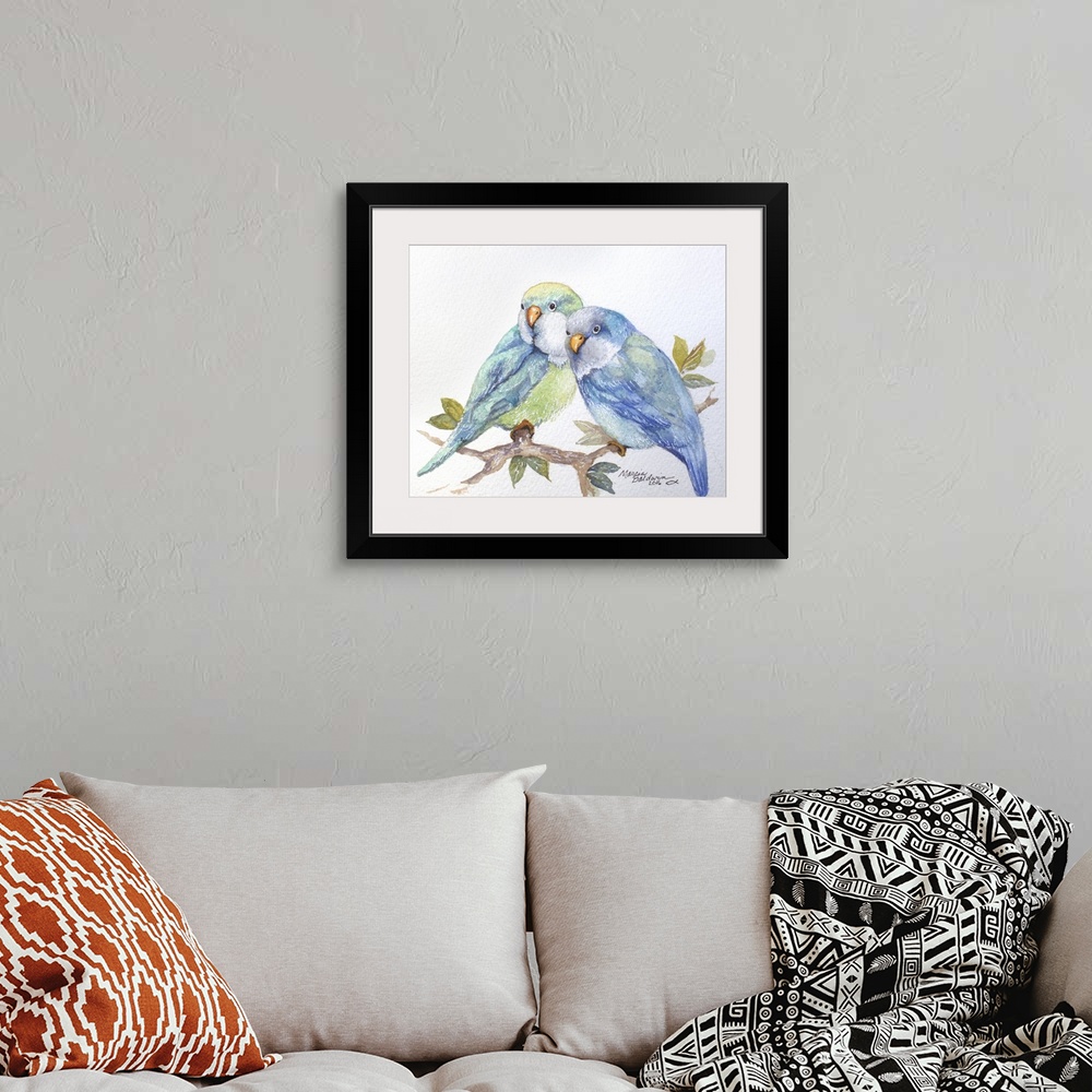 A bohemian room featuring Watercolor painting of two blue and green toned parakeets perched on a branch with leaves on a wh...
