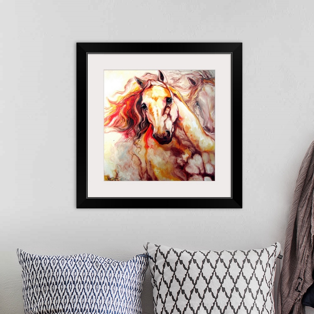 A bohemian room featuring Square abstract painting of two horses in motion in warm hues.