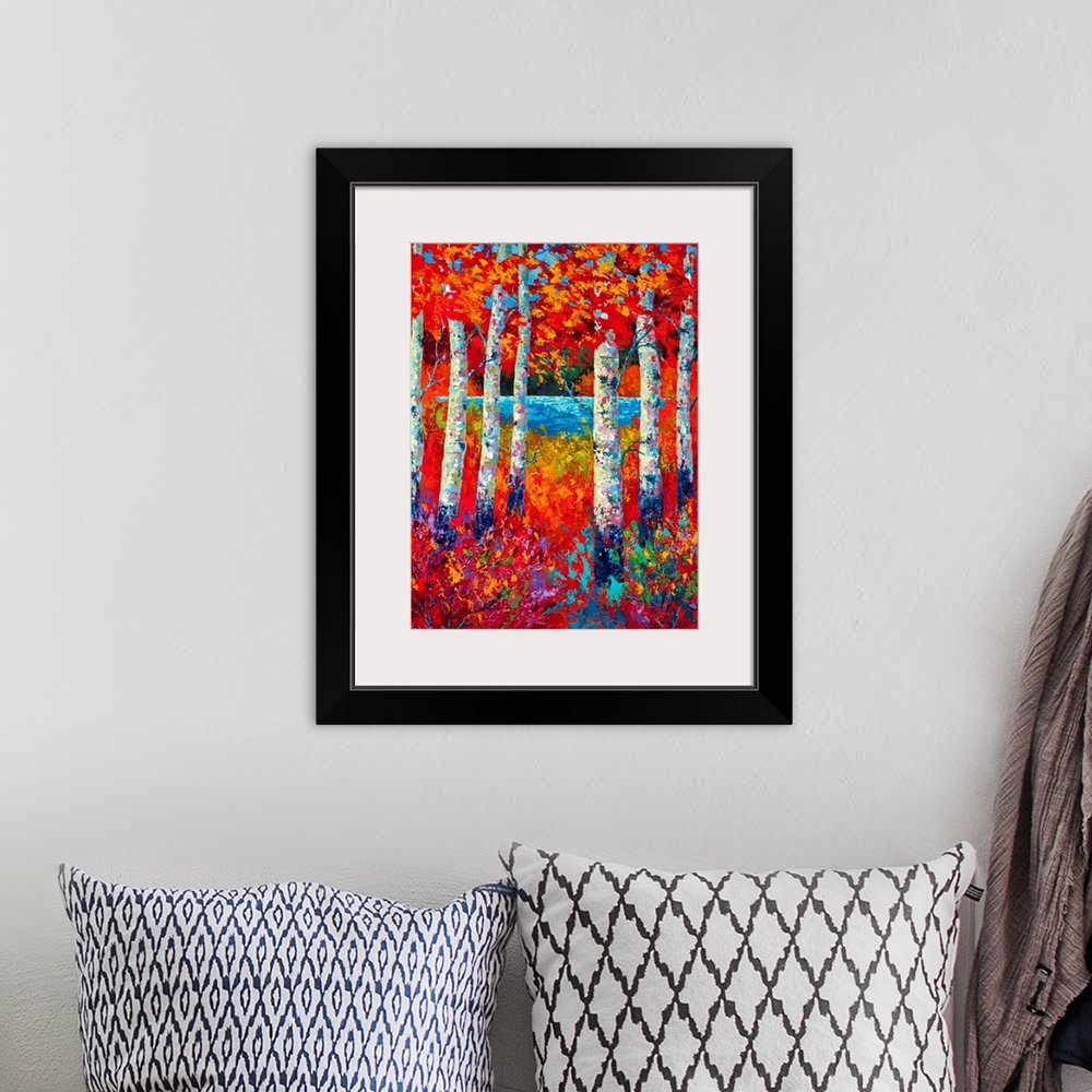 A bohemian room featuring This vertical painting depicts fall colors surrounding birch trees with a small river in the back...