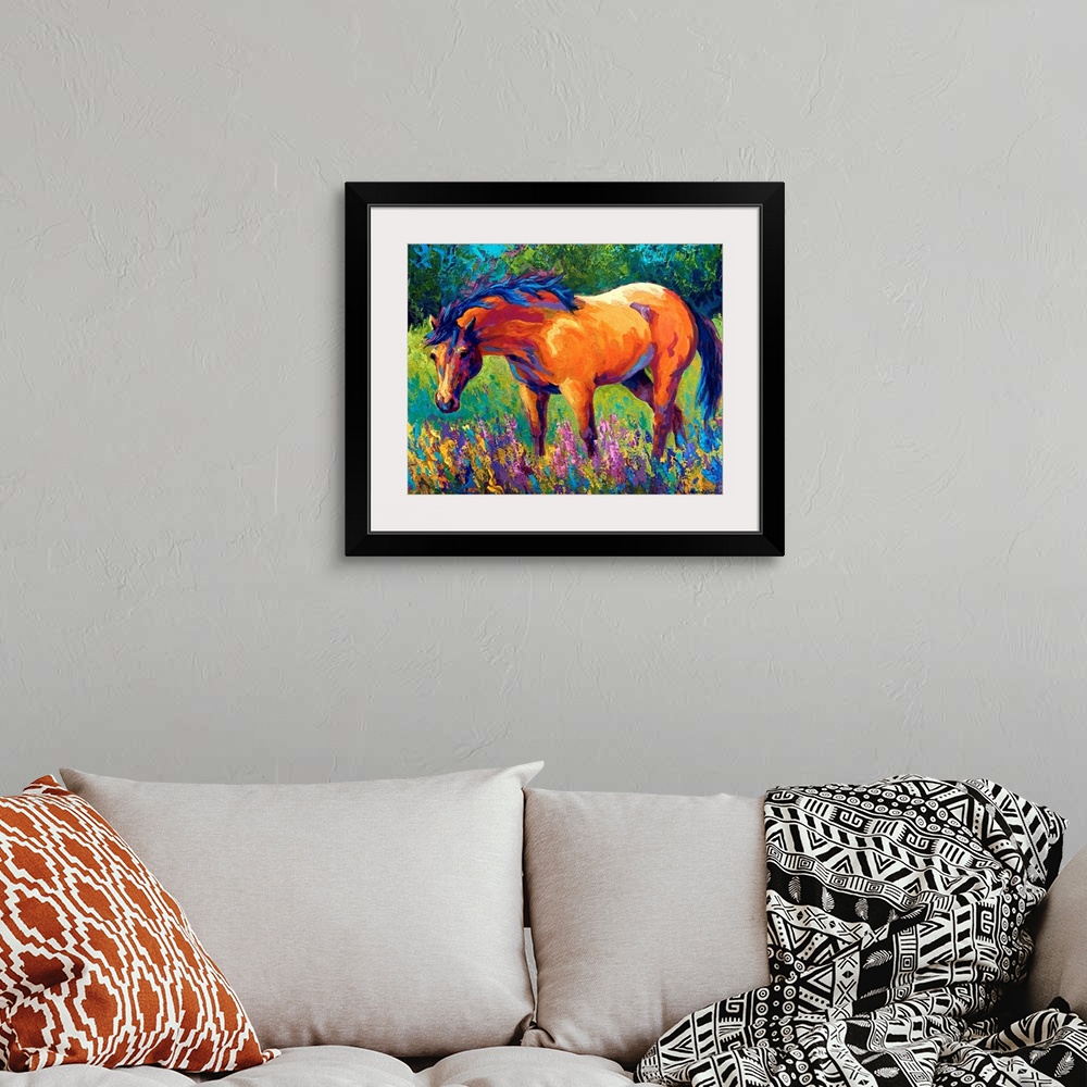 A bohemian room featuring A contemporary painting of a horse gazing in the outdoors surrounded by wild flowers; this horizo...