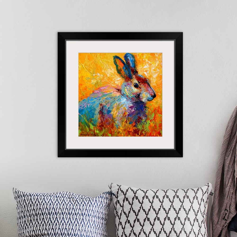 A bohemian room featuring A square painting of a wild rabbit painted with wild and unexpected colors.