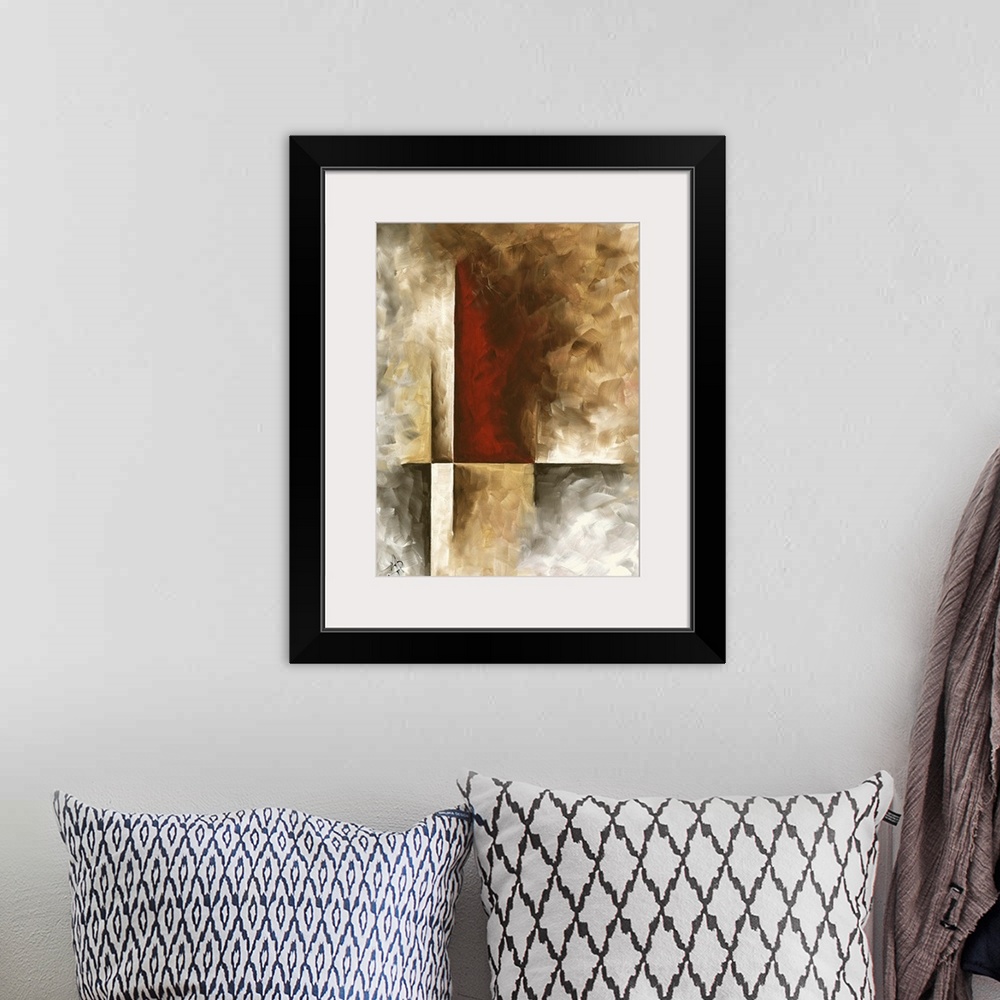 A bohemian room featuring Contemporary abstract painting in deep, earthy tones with rough texture.
