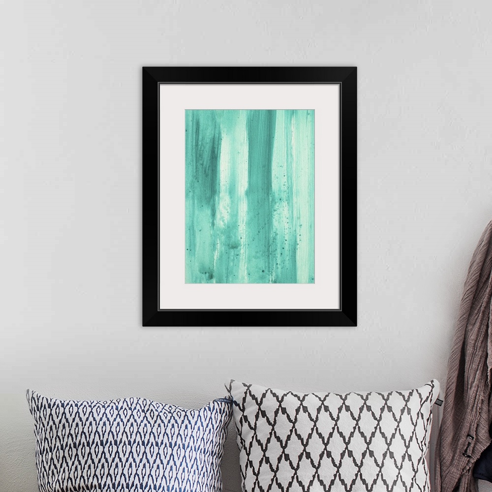 A bohemian room featuring Abstract art painting of vertical streaks of paint in varying shades of water tones.