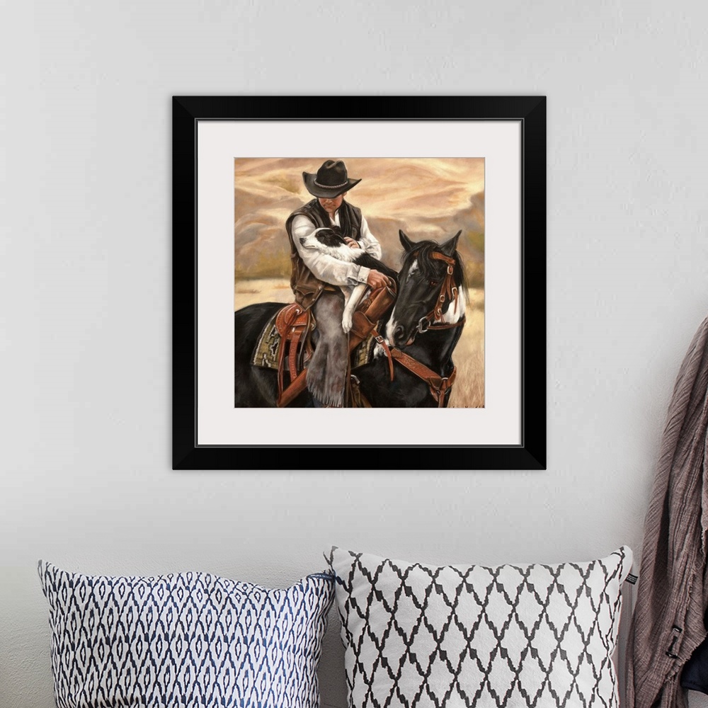 A bohemian room featuring Contemporary artwork of a cowboy on horseback holding a border collie dog in his arms.