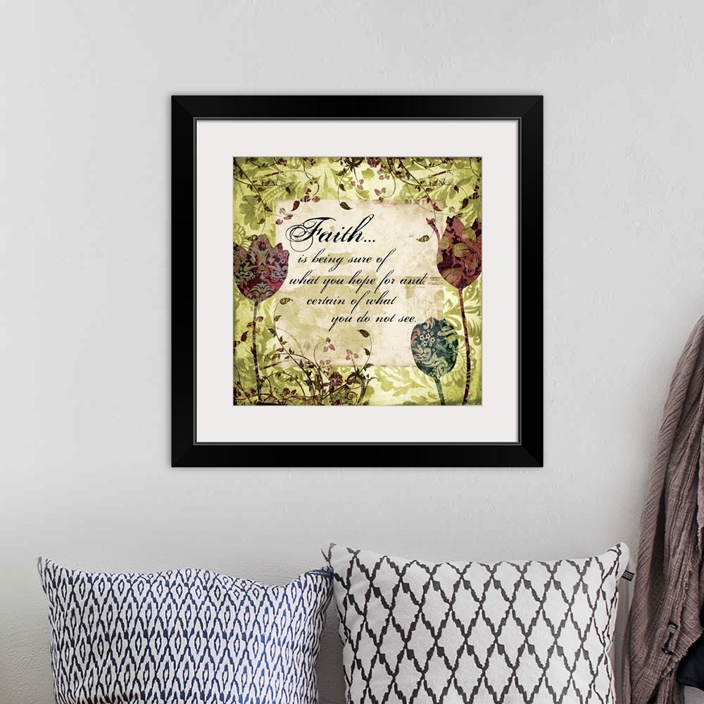 A bohemian room featuring An inspirational piece that has a border of vines and flowers with a quote in the center.