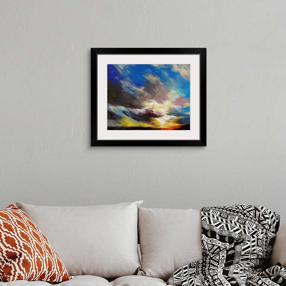 A bohemian room featuring Giclee print of a landscape oil painting with big, bold brush strokes of clouds in the sky.