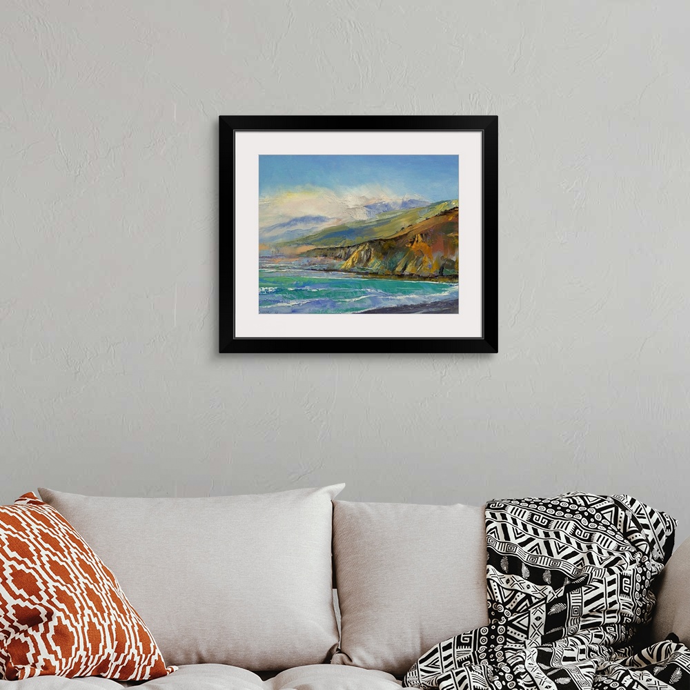 A bohemian room featuring Contemporary oil paint landscape of sea cliffs and waves washing against the shore.