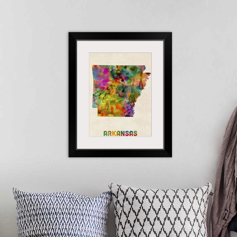 A bohemian room featuring Contemporary piece of artwork of a map of Arkansas made up of watercolor splashes.