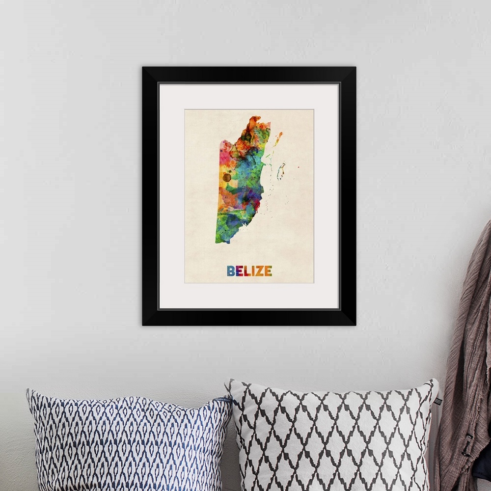 A bohemian room featuring Watercolor art map of the country Belize against a weathered beige background.
