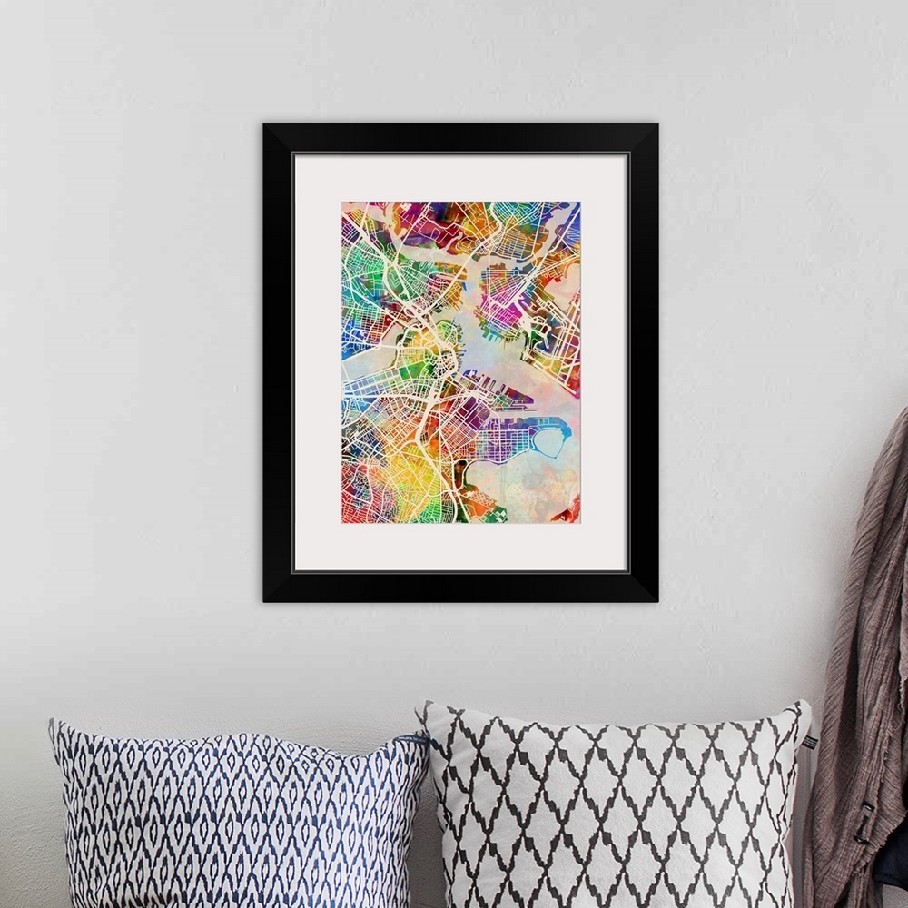 A bohemian room featuring Contemporary watercolor city street map of Boston.