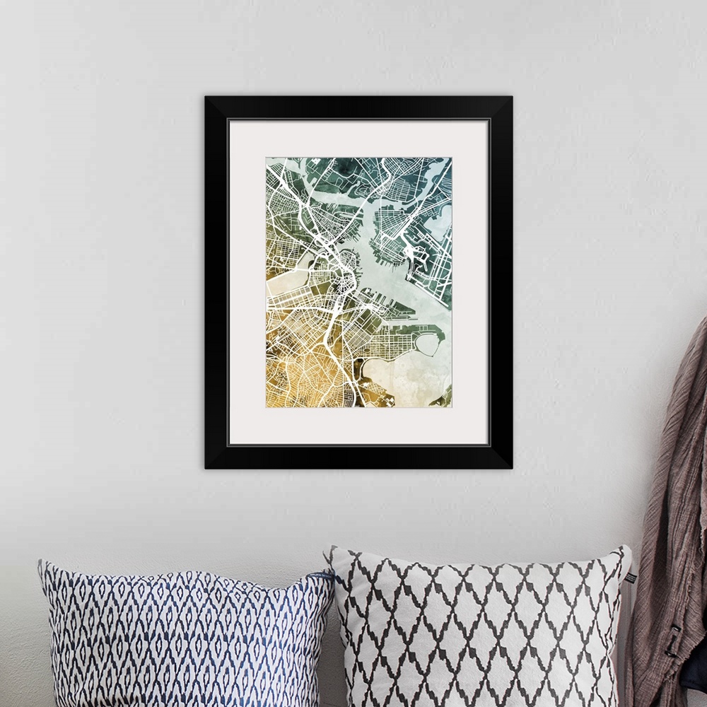 A bohemian room featuring Watercolor street map of Boston, Massachusetts, United States