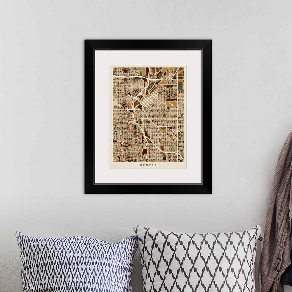 A bohemian room featuring Contemporary artwork of the city street map of Denver.