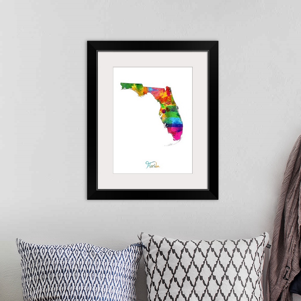 A bohemian room featuring Contemporary artwork of a map of Florida made of colorful paint splashes.