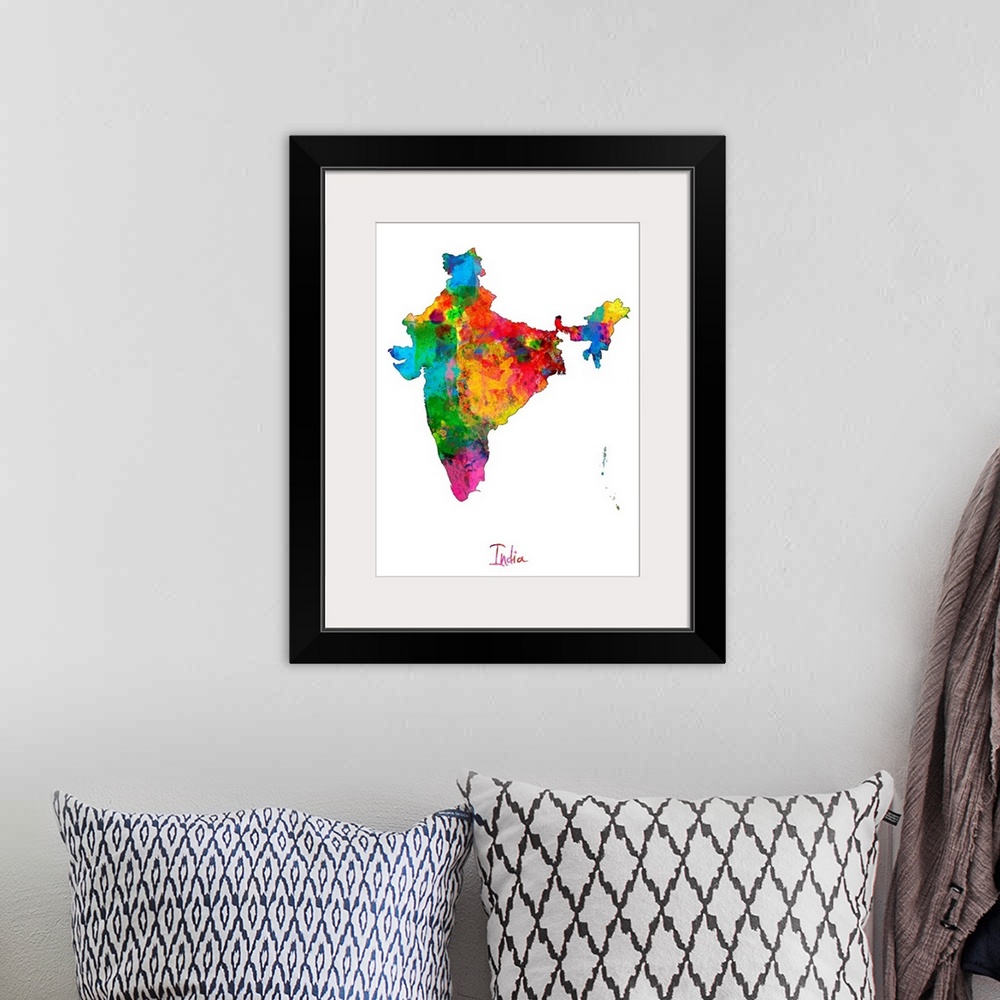 A bohemian room featuring Watercolor art map of the country India against a white background.