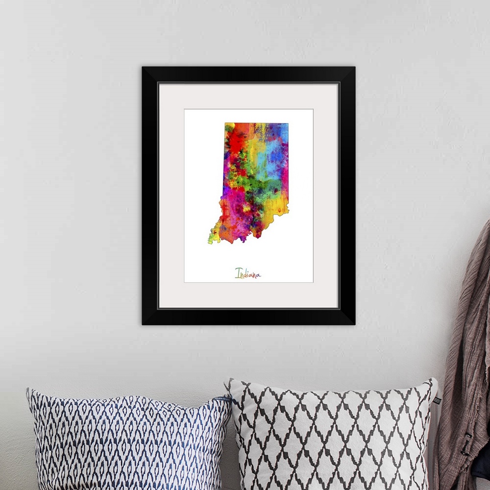 A bohemian room featuring Contemporary artwork of a map of Indiana made of colorful paint splashes.