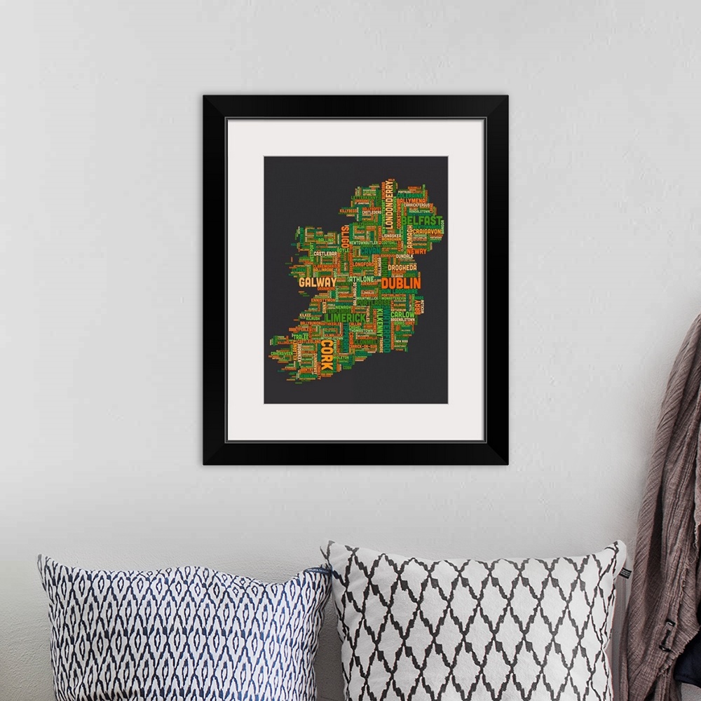 A bohemian room featuring Irish Cities Text Map, Irish Colors on Grey