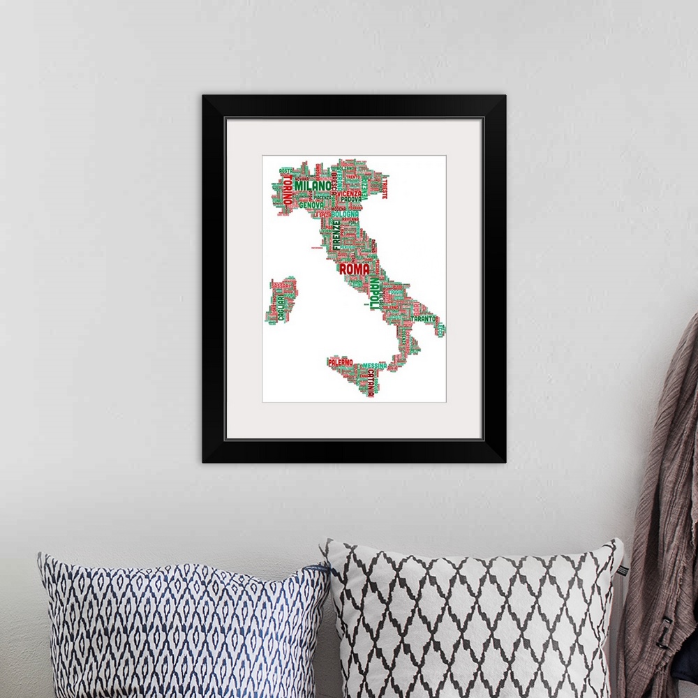 A bohemian room featuring Italian Cities Text Map, Italian Colors on White