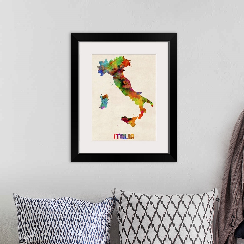 A bohemian room featuring Italy Watercolor Map