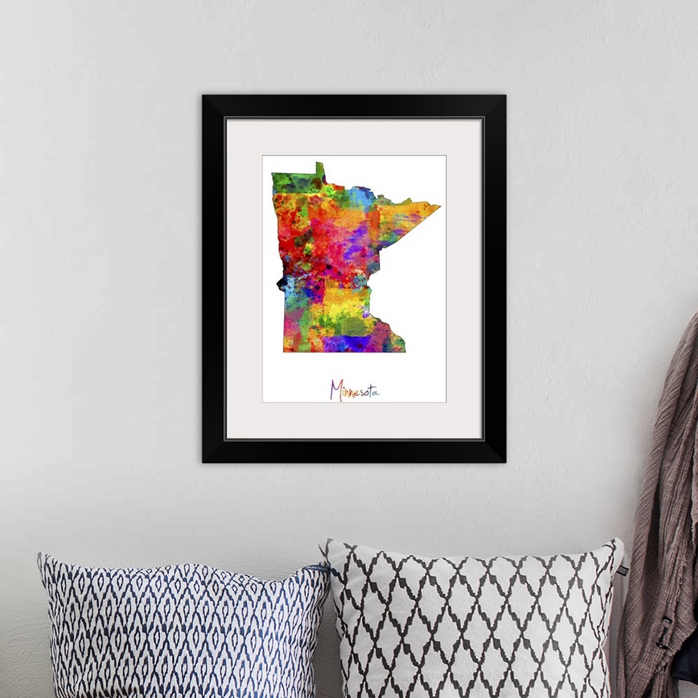 A bohemian room featuring Contemporary artwork of a map of Minnesota made of colorful paint splashes.