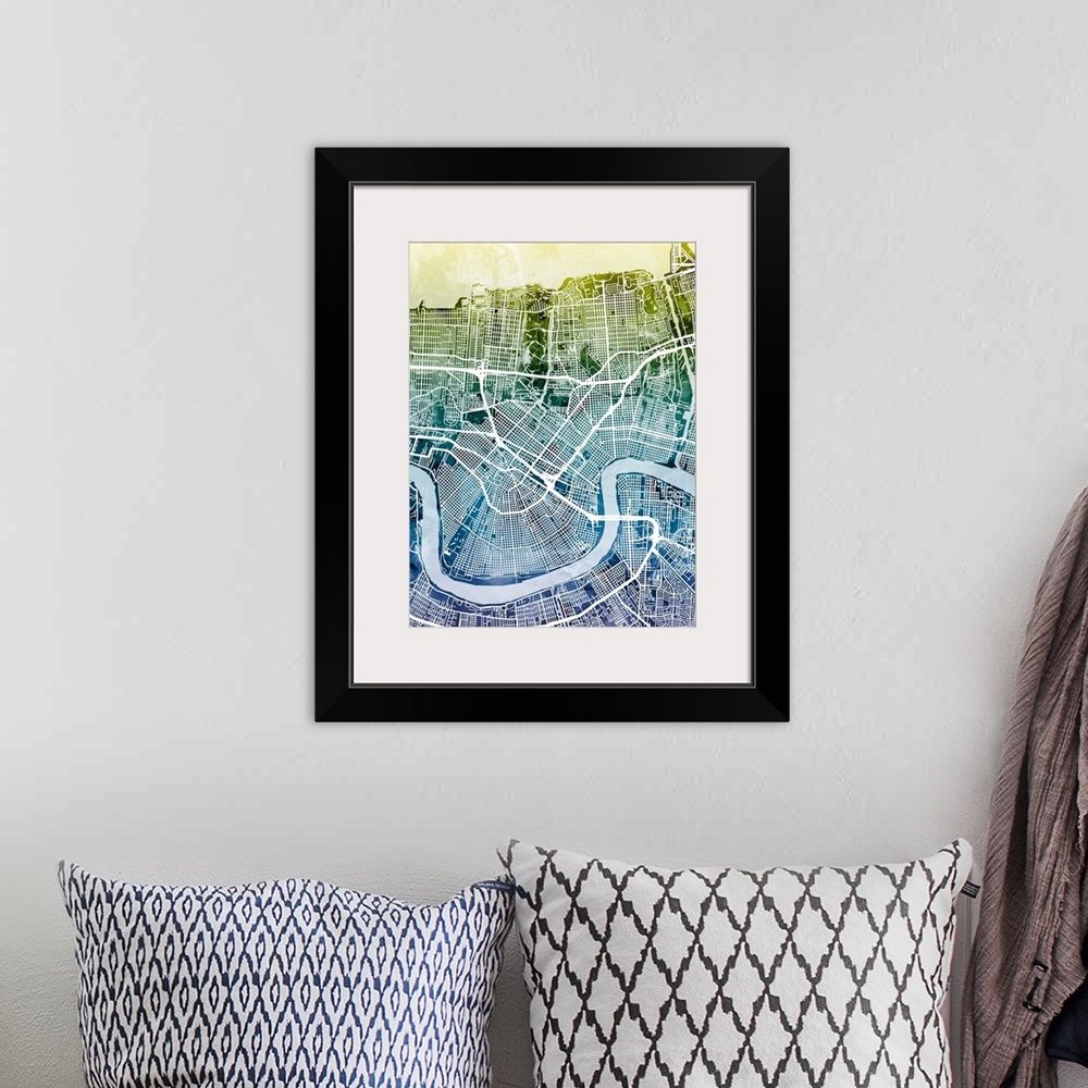 A bohemian room featuring Contemporary watercolor city street map of New Orleans.