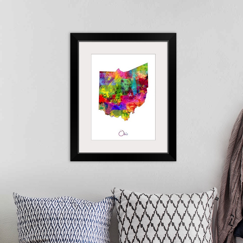 A bohemian room featuring Contemporary artwork of a map of Ohio made of colorful paint splashes.