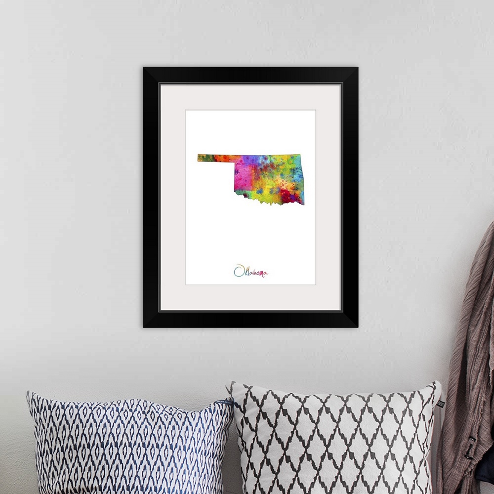 A bohemian room featuring Contemporary artwork of a map of Oklahoma made of colorful paint splashes.