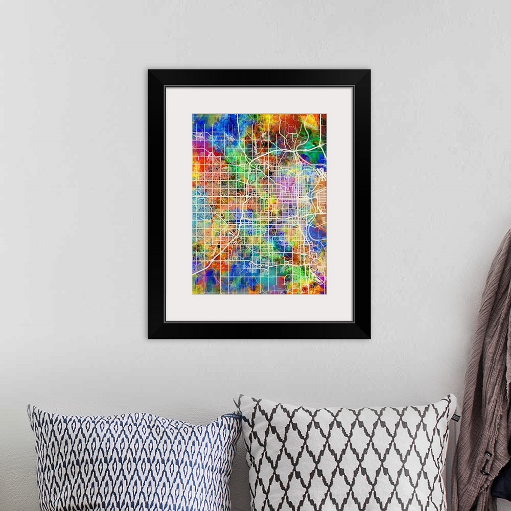A bohemian room featuring Watercolor street map of Omaha, Nebraska, United States