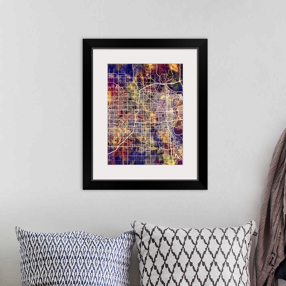 A bohemian room featuring Watercolor street map of Omaha, Nebraska, United States