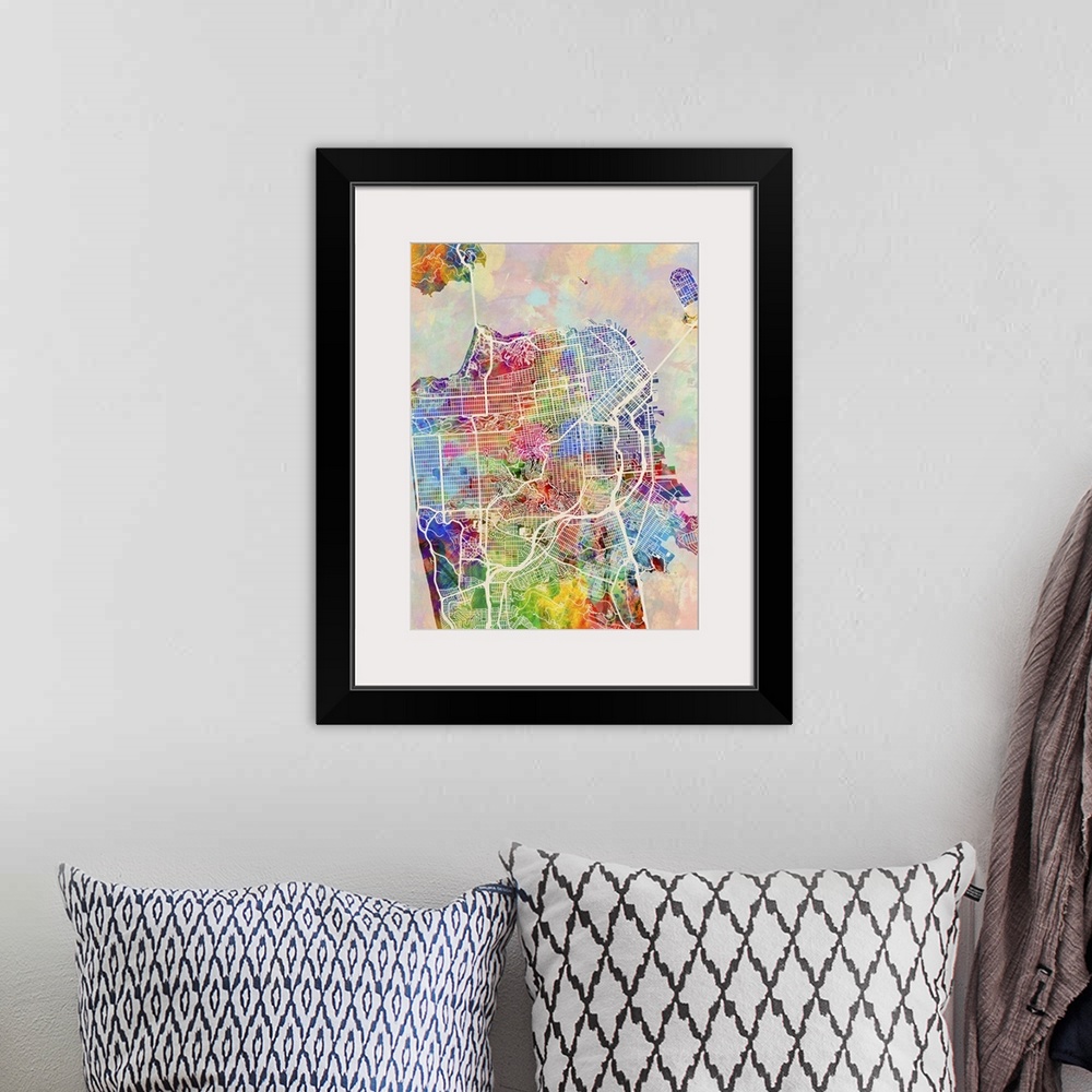 A bohemian room featuring Contemporary colorful city street map of San Francisco.