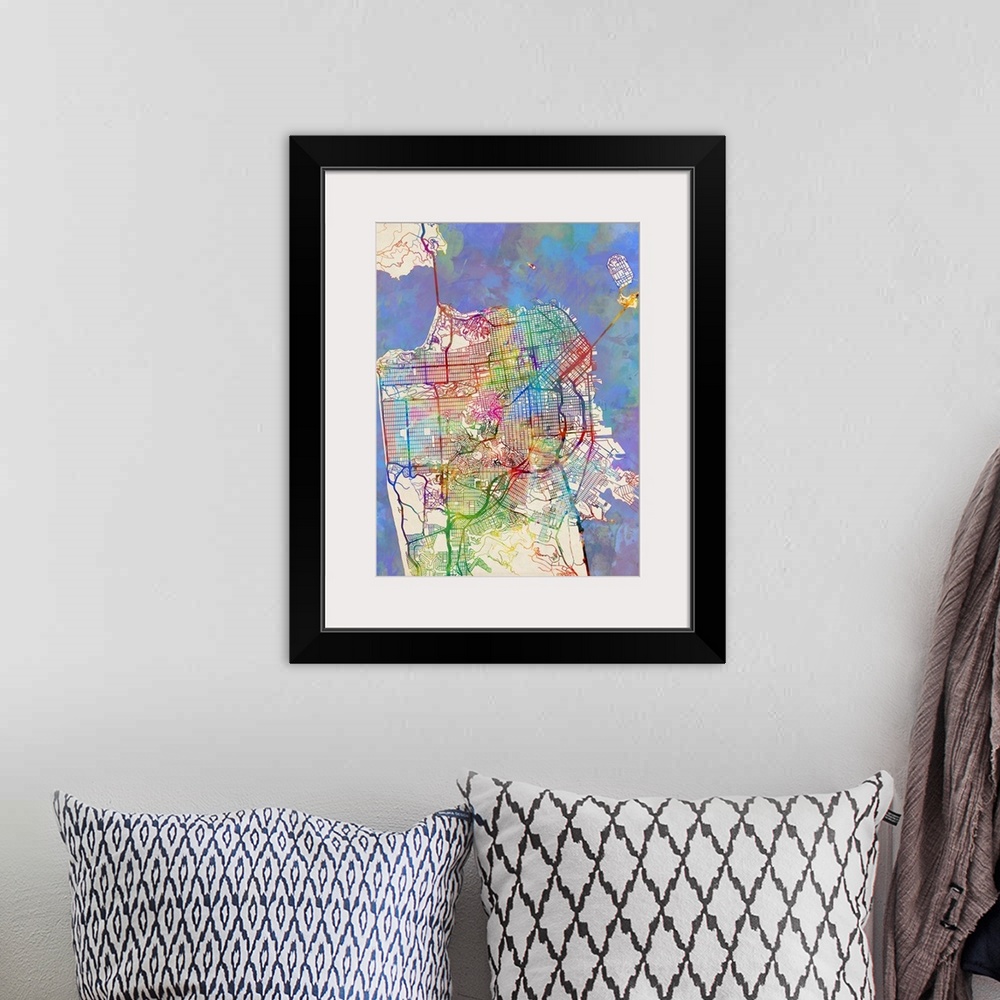 A bohemian room featuring Contemporary watercolor city street map of San Francisco.