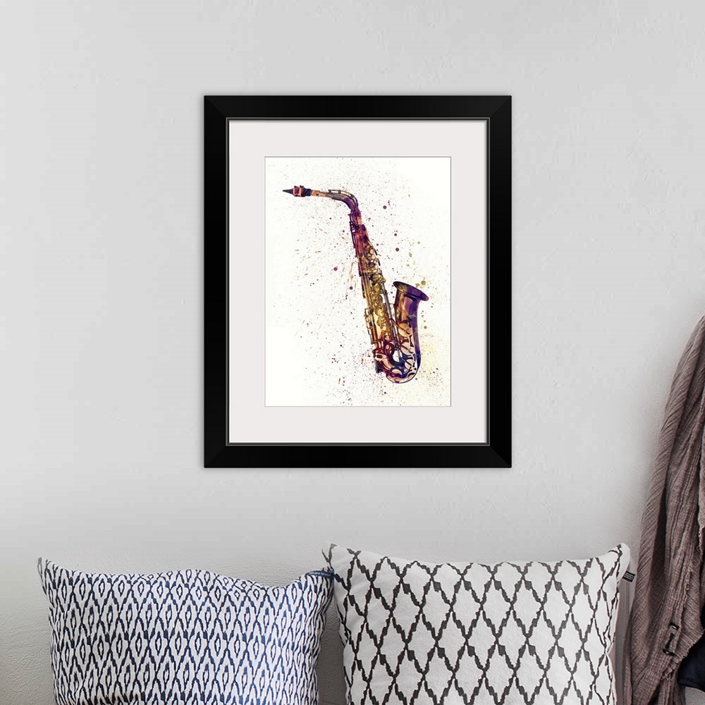 A bohemian room featuring Contemporary artwork of a saxophone with bright colorful watercolor paint splatter all over it.