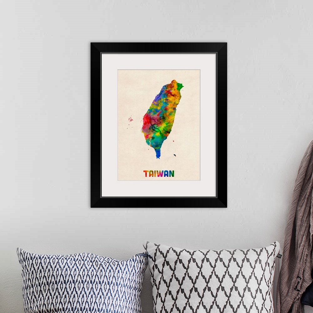 A bohemian room featuring Colorful watercolor art map of Taiwan against a distressed background.